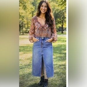 Madewell Rigid Denim Cutout Maxi Skirt Size 28 high front slit bohemian